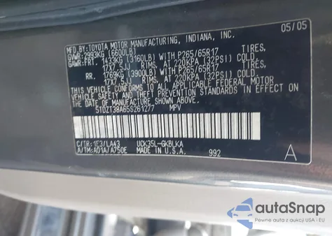 2005 Toyota Sequoia Limited V8 из США, поврежденный, VIN 5TDZT38A65S261277